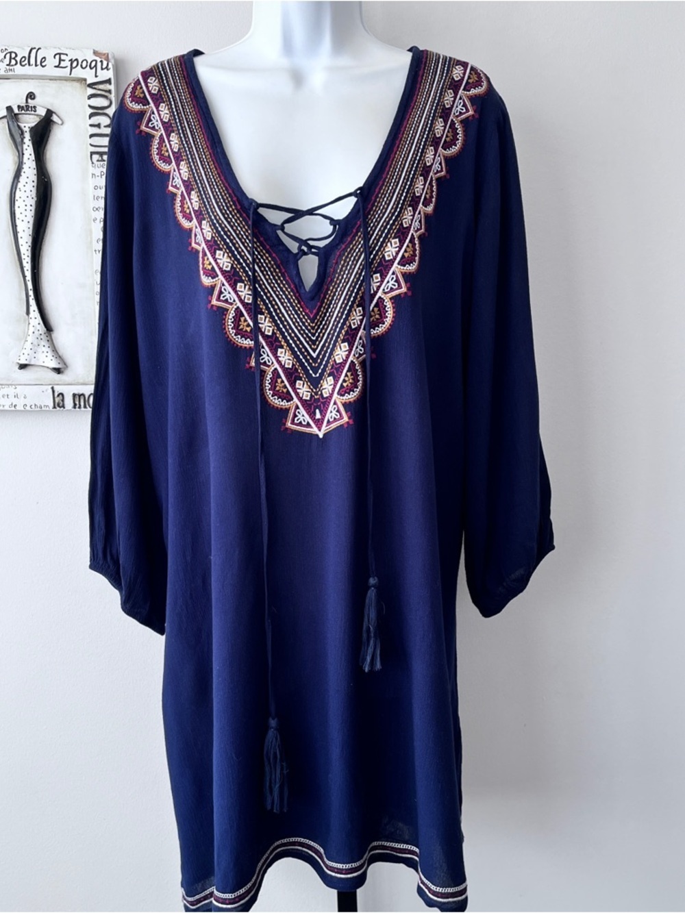 Forever 21 Boho Embroidered V-Neck Navy Tunic Top Festival Mini Dress Size L
